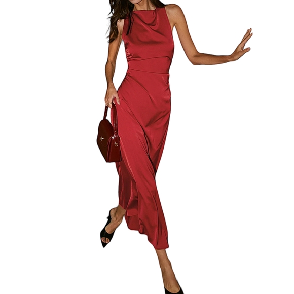 SOLD - NWT Commense Red Satin Open Cross Back Cowl Neck Long Maxi Dress - Picture 3 of 11